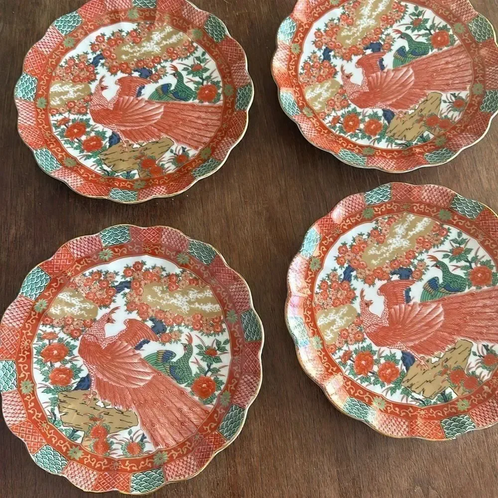 Arita Imari Peacock Dessert Plates Japan Vintage 1980's